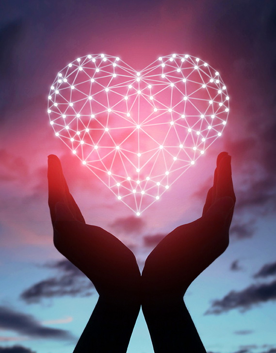 hands on sunset female holding symbol graphic for loving on meadow in blue hour